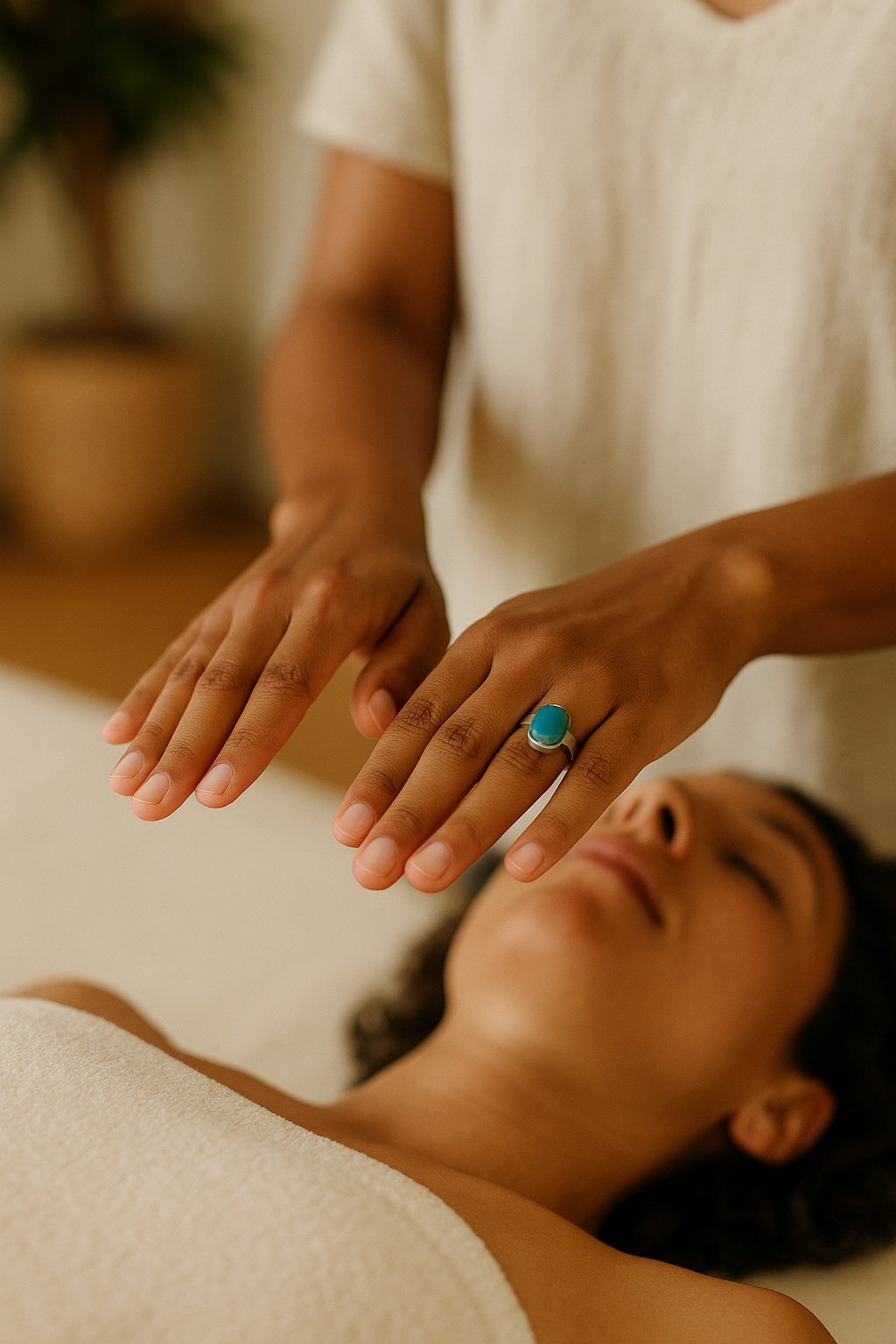 Deoné's hands held just above a client during a Soul Weaving session